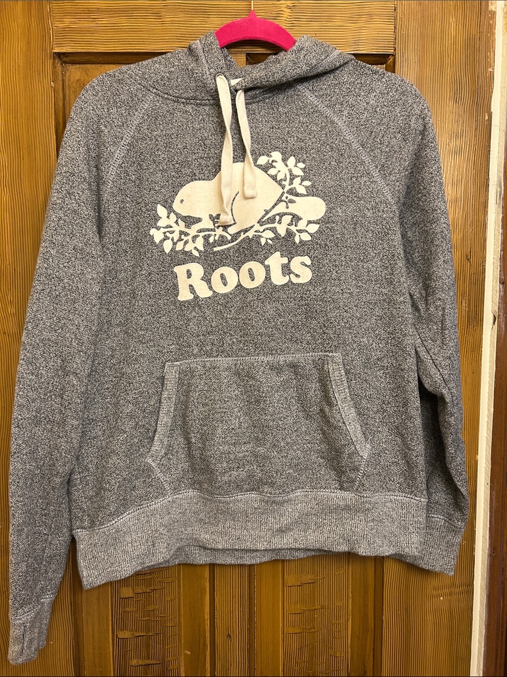 Roots Heather Grey Pullover Hoodie with Cream Logo